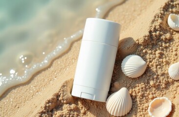 Mockup white stick deodorant lye on sand background with shells and sea. Copy space for text. Concept: advertising beauty photo, skin care product, eco cosmetic product, sweat protection