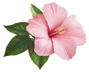 Obraz premium Pink hibiscus flower in full bloom with vibrant green leaves isolated on transparent background.