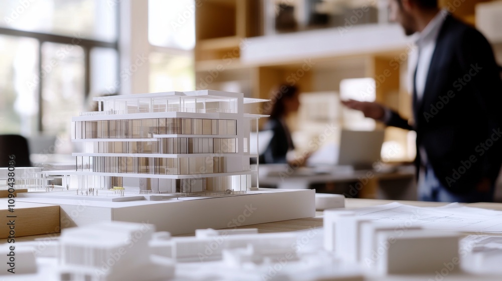 Poster A sleek architectural firm office with blueprints and scale models on desks, Architect in formal attire discussing building plans with a client, Architectural office scene