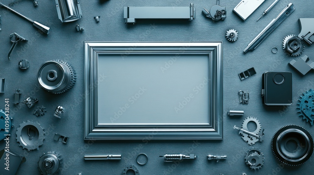 Leinwandbilder a collection of mechanical parts arranged around a blank frame on a textured surface.