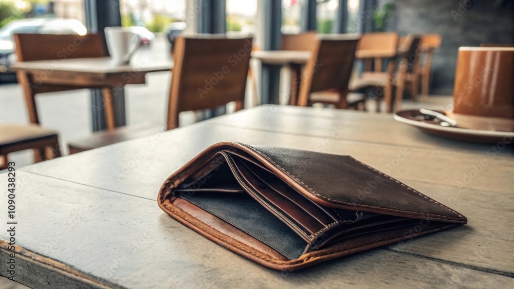 Poster empty wallet a closeup of an empty wallet lying on a table symbolizing income loss and financial cha
