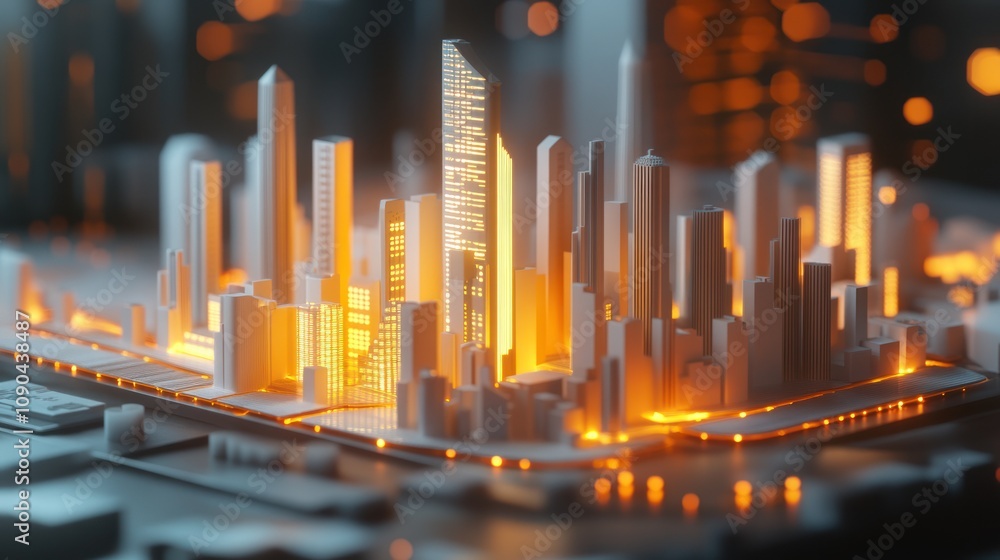Poster a futuristic cityscape model illuminated with warm lights, showcasing modern architecture.