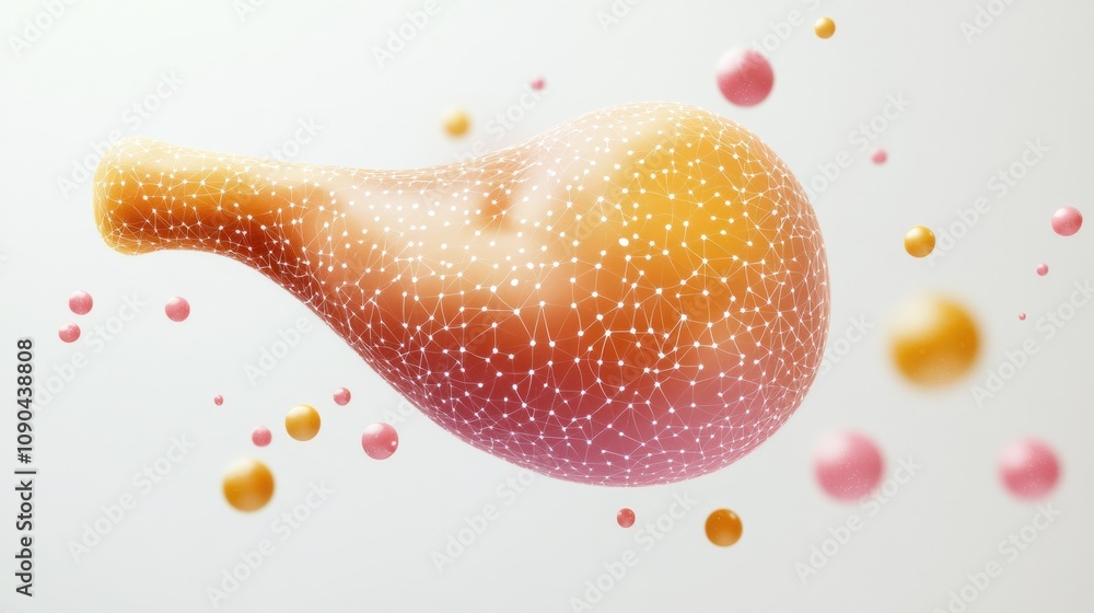 Poster abstract representation of a colorful, organic shape with floating spheres.