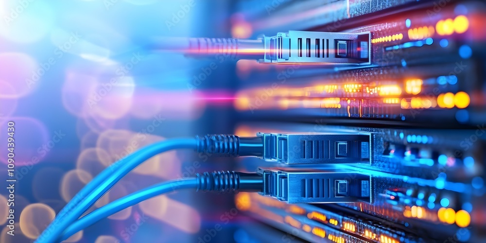 Aufkleber a close-up of server cables connected to a data storage unit, with illuminated indicators showing ac
