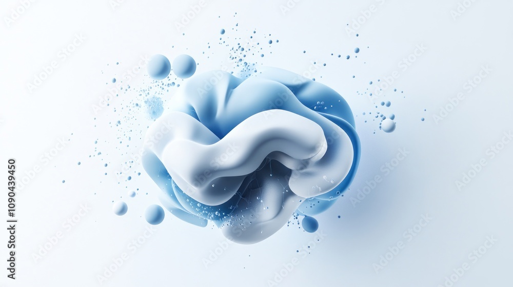 Poster abstract representation of fluid shapes in blue and white tones with splashes.