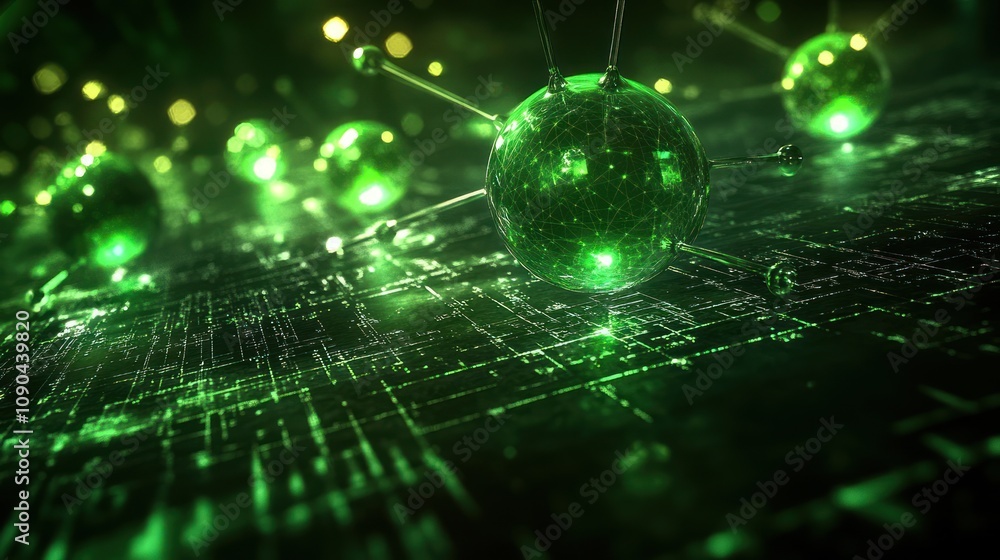 Aufkleber A digital representation of interconnected green particles on a grid, symbolizing technology.