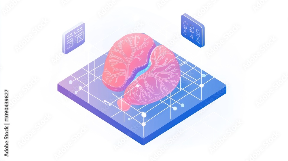 Poster An isometric illustration of a brain on a grid, symbolizing data and technology in neuroscience.