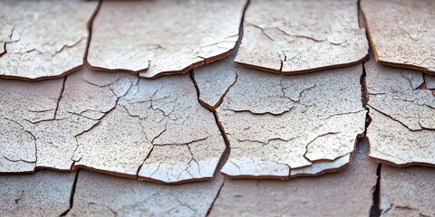 Obraz premium A close-up of weathered, cracked shingles on a roof, showcasing peeling paint and texture from age and exposure. Concept Weathered Roof Texture, Cracked Shingles, Peeling Paint Details