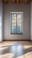 Obraz premium Sunlight streaming through a window in an empty room with wooden flooring and simple decor
