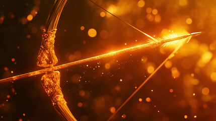 Apollo's Divine Archery A glowing bow aiming at stars, captioned Apollo , High resolution, modern, professional photography