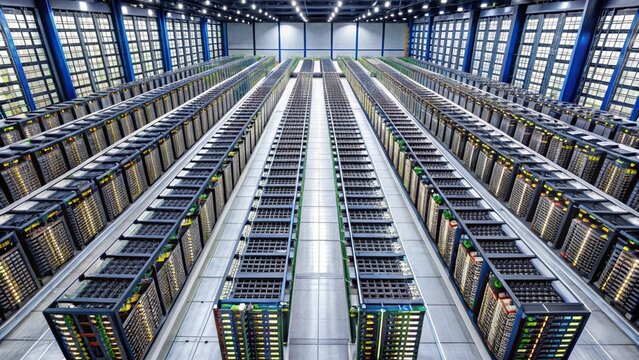 A bird's-eye view of a data center warehouse with neatly aligned server racks, each labeled with numeric codes