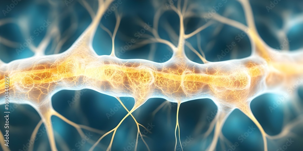 Poster a close-up of neurons, showcasing their interconnected structure and glowing synapses, representing 
