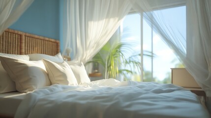 A bed with white linens and pillows is made and ready for sleep in a modern bedroom with a canopy. The curtains are drawn back to allow light to filter in from the window.