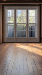 Obraz premium Natural light streaming through a modern window illuminating wooden floor in a cozy room