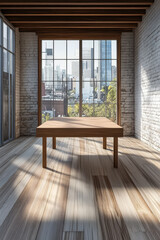 Modern interior space with a wooden table and city skyline view
