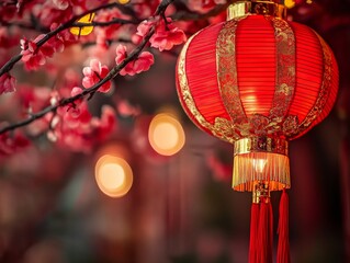 Obraz premium Red Lantern and Blossom Branch: A vibrant red Chinese lantern, adorned with intricate gold accents, hangs from a delicate branch with blossoming pink flowers.