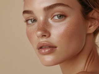 A close-up portrait of a young woman with freckles and natural makeup.