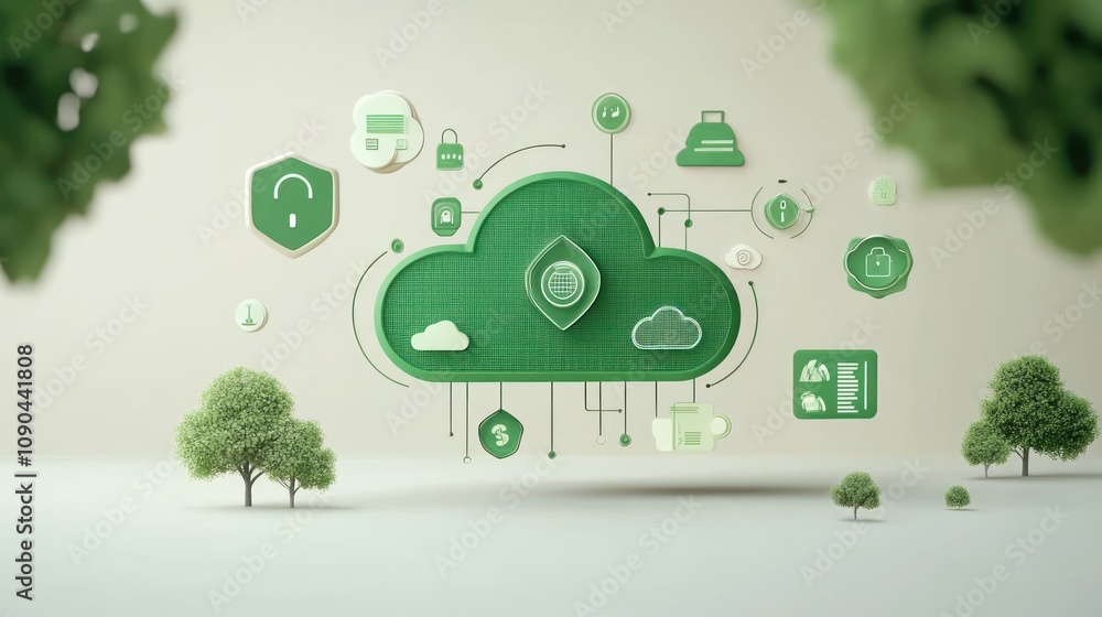 Poster A green cloud symbol surrounded by digital icons representing data and security.