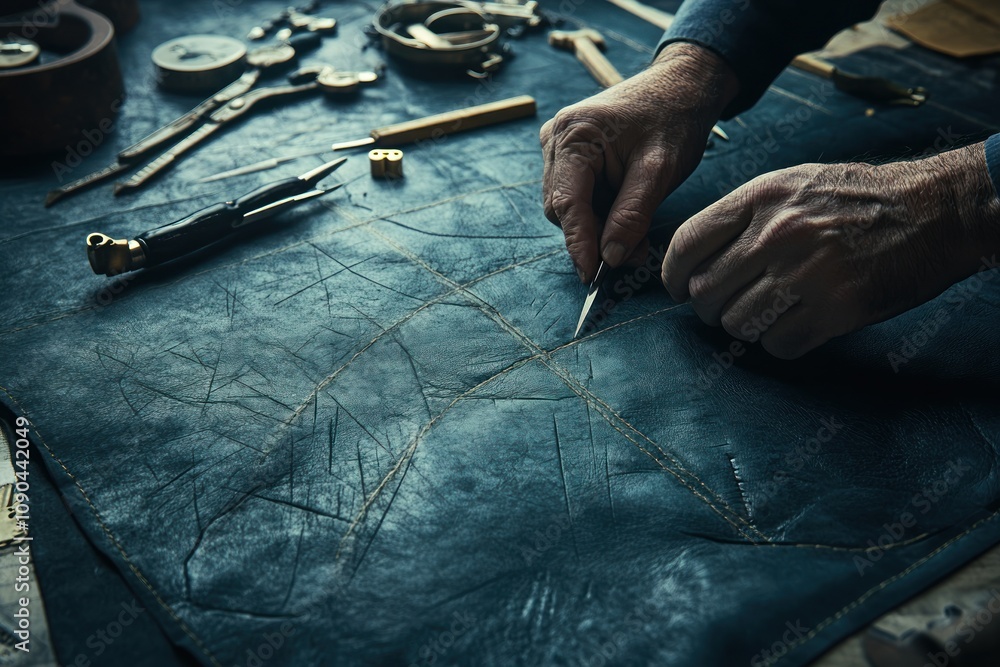 Poster A craftsman working on leather with various tools spread out on a workspace.