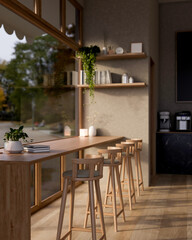 A contemporary, cozy coffee shop cafe features a long wooden table with stools placed by the window.