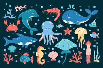 Large set of sea animals on dark background. SeaLife collection. Characters in children's style. Isolated vector illustration.