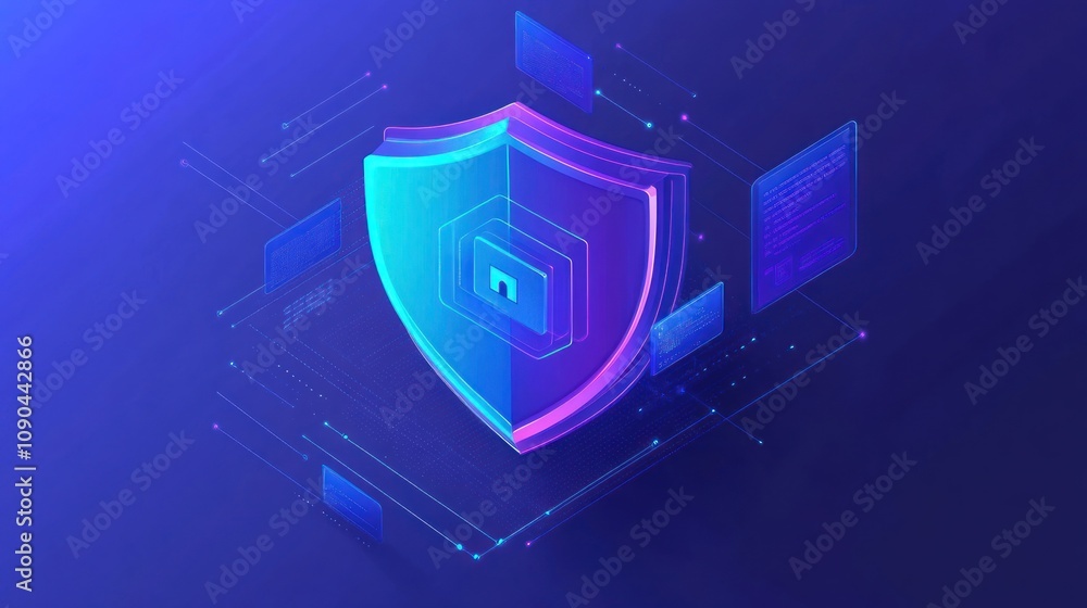 Poster digital shield symbolizing cybersecurity with data elements and a modern design.
