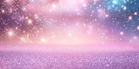 A dreamy background with glittering stars and sparkling particles in soft pastel colors of pink and blue. Concept Dreamy Starry Background, Sparkling Pastel Colors, Glittering Particles