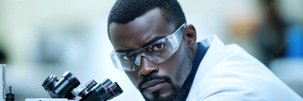 Poster a focused scientist examining samples under a microscope in a laboratory setting.
