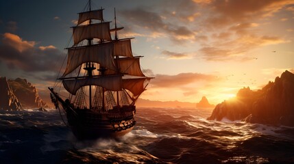 Fototapeta premium a ship sailing in the ocean at sunset with a bird flying over it and a rock formation in the background.