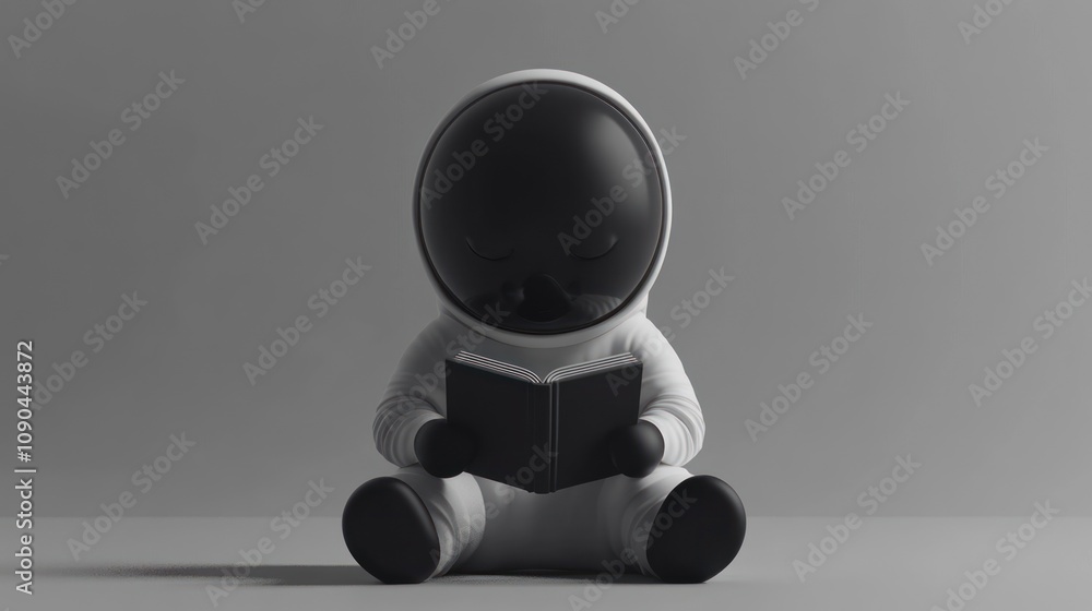 Poster a stylized figure in a spacesuit sits reading a book, conveying curiosity and exploration.