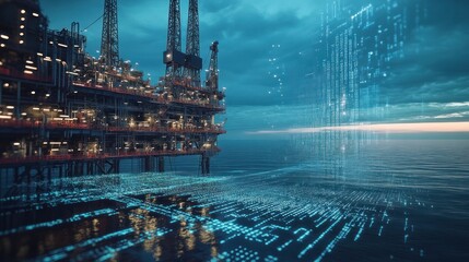 An offshore oil rig in the ocean, with digital data overlay.