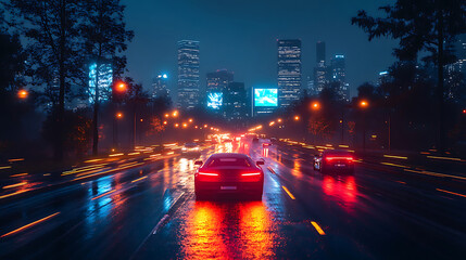 Obraz premium futuristic cityscape at night with glowing autonomous vehicles on wet road, surrounded by skyscrapers and bright billboards. scene evokes sense of modernity and innovation