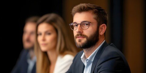 A man with glasses sitting at a conference table, listening attentively, with others in the background. Concept Conference Meeting Dynamics, Active Listening Skills, Professional Collaboration