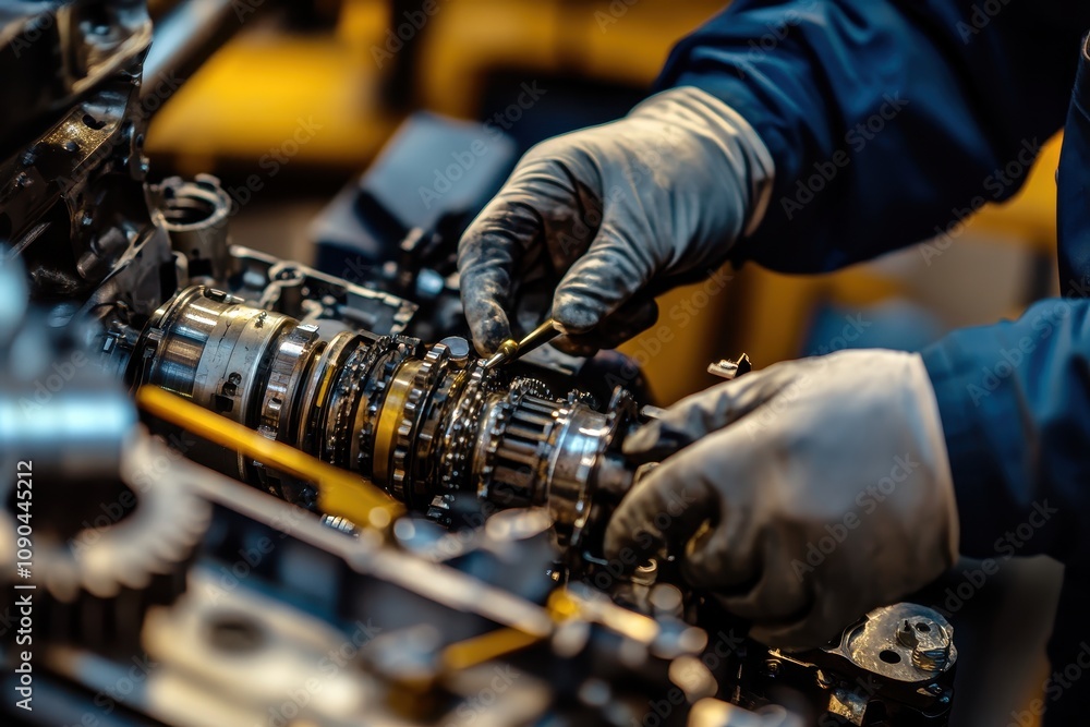 Aufkleber a mechanic assembling a complex engine component with precision tools.