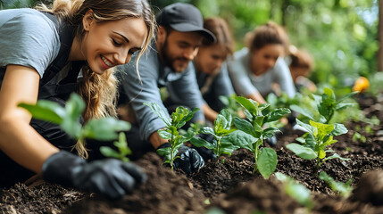 group of volunteers planting trees, working together in nature, showcasing teamwork and dedication to environment. Their smiles reflect joy of contributing positively