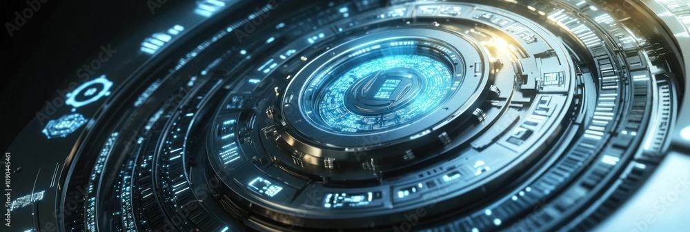Fototapete Futuristic interface with glowing elements and intricate design, suggesting technology and data.