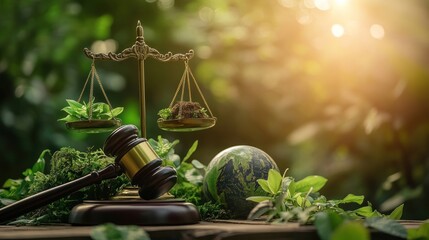 A wooden gavel, a scale with plants and soil on each side, and a globe are arranged on a wooden table in a natural setting,  representing the concept of environmental justice and sustainability.