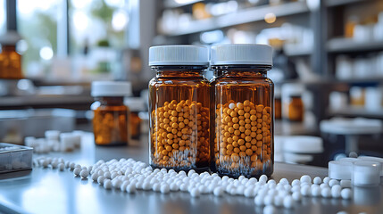 Bottles of homeopathic remedies with orange and white pellets on table
