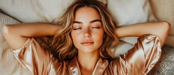 Naklejka premium A serene woman with long hair relaxing, eyes closed, wearing a silky robe, lying on a textured surface. Concept Serene Relaxation, Silk Robe, Long Hair Beauty, Textured Surface, Calming Atmosphere