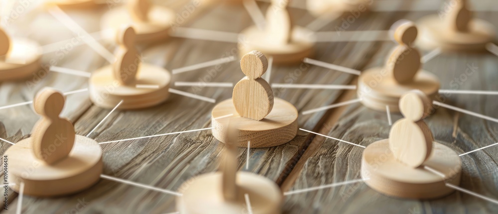 Poster wooden figures connected by strings, symbolizing networking and collaboration.