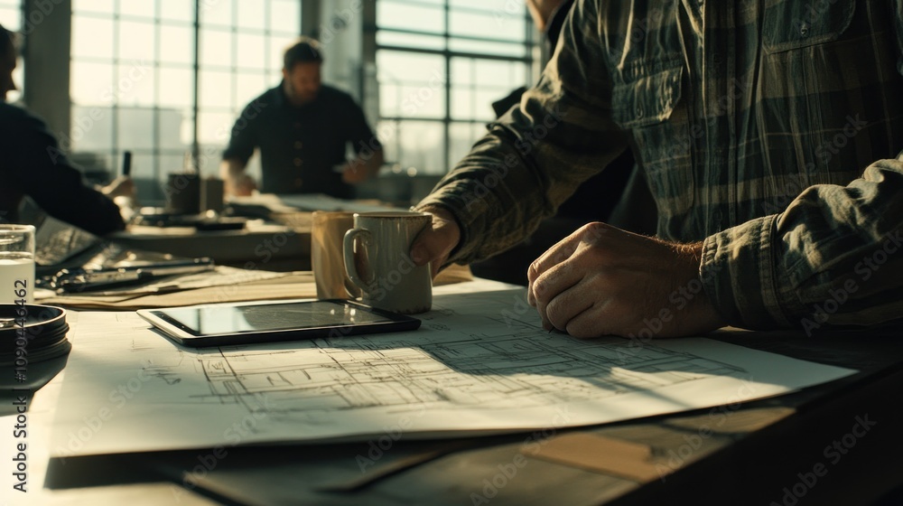 Poster a person reviews blueprints while holding a coffee mug in a workspace filled with plans.