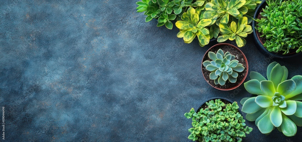 Aufkleber a collection of various potted plants arranged on a textured surface.