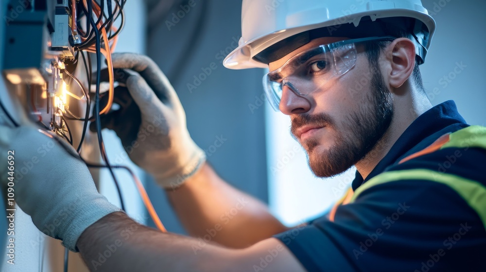 Aufkleber A technician installing electrical wiring with a focus on safety protocols and precision, Electrical installation scene, Technical expertise style