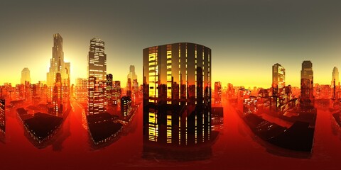 Night city, Cityscape, Environment map. HDRI map. Equirectangular projection. Spherical panorama., 3D rendering