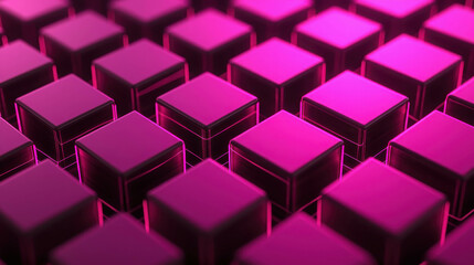Fototapeta premium Vibrant 3D Visualization of Abstract Cube Arrangement in a Glowing Pink Background with Grid Pattern and Data Elements for Dynamic Applications