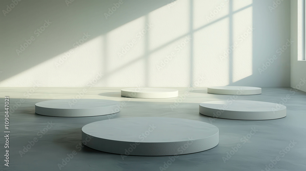 Poster minimalist 3d room background with circular platforms in a soft light atmosphere, perfect for modern