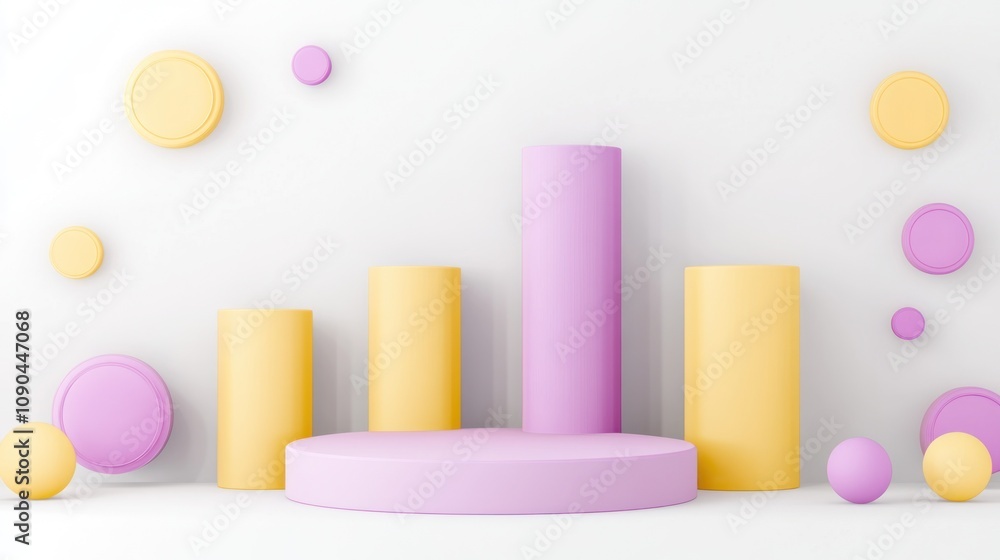 Poster abstract geometric shapes in pastel colors create a modern display backdrop.
