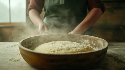 Fototapeta premium Joyfully Mixing Ingredients to Bake a Cake: A Baker's Delight in the Kitchen with Flour, Dough, and Passion for Culinary Creations