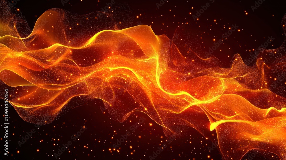 Poster abstract fiery wave with glowing particles, creating a dynamic and vibrant visual effect.