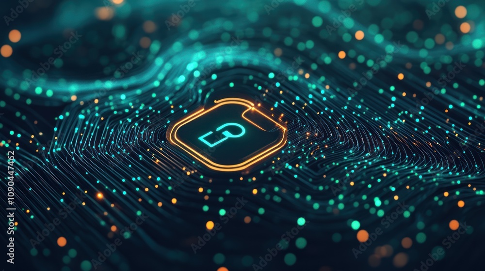 Poster abstract digital illustration featuring a lock symbol amidst glowing data points.